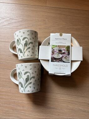 Threshold Green Botanical Mugs with Appetizer Plates